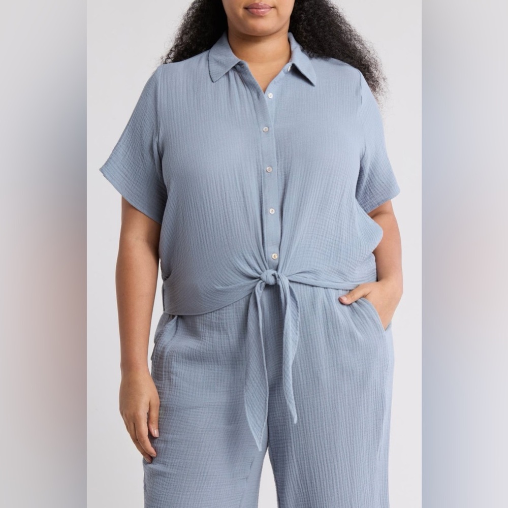 T Tahari Short Sleeve Gauze Tie Camp Shirt 2X